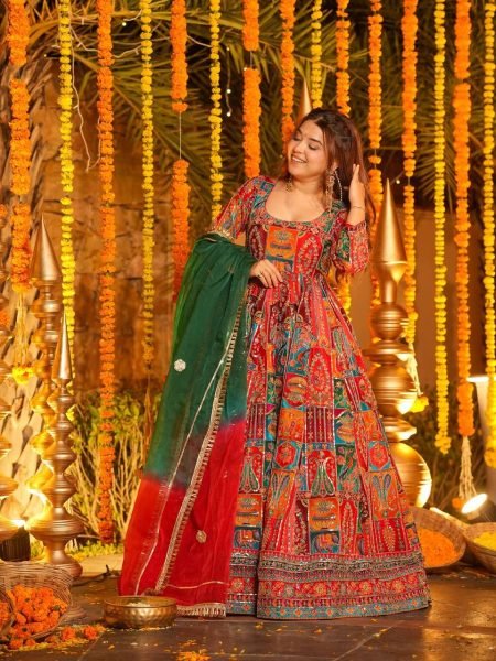 Dynamic Red Pure Original Crepe Gown Pant Dupatta Set with Heavy Embroidered Work Ready To Wear Collection