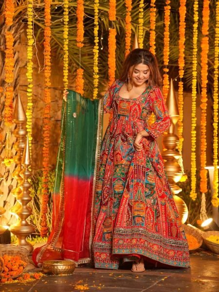Dynamic Red Pure Original Crepe Gown Pant Dupatta Set with Heavy Embroidered Work Ready To Wear Collection