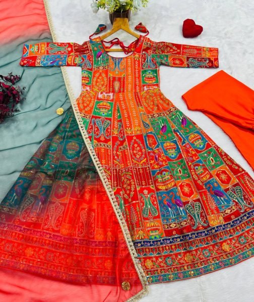 Dynamic Red Pure Original Crepe Gown Pant Dupatta Set with Heavy Embroidered Work Ready To Wear Collection