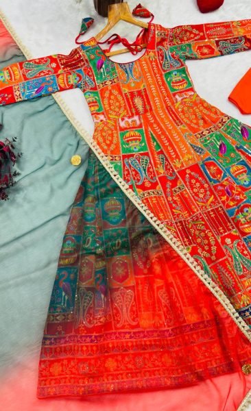 Dynamic Red Pure Original Crepe Gown Pant Dupatta Set with Heavy Embroidered Work Ready To Wear Collection