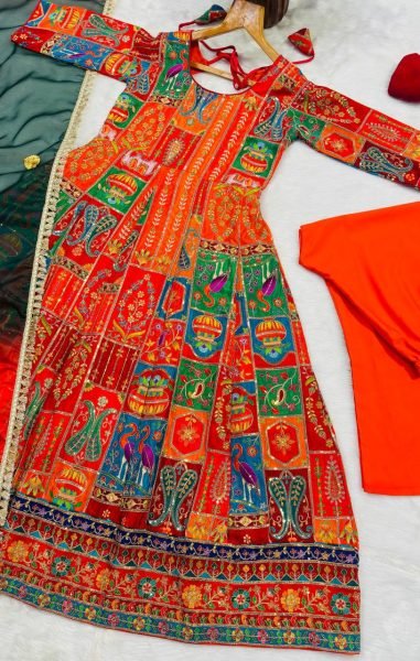 Dynamic Red Pure Original Crepe Gown Pant Dupatta Set with Heavy Embroidered Work Ready To Wear Collection