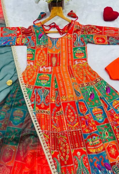 Dynamic Red Pure Original Crepe Gown Pant Dupatta Set with Heavy Embroidered Work Ready To Wear Collection