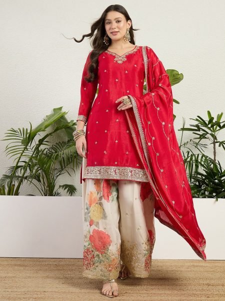 Dynamic Red Wedding Wear Chinon Embroidered Suit with Designer Dupatta Salwar Kameez
