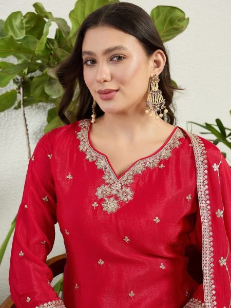 Dynamic Red Wedding Wear Chinon Embroidered Suit with Designer Dupatta Designer Plazzo Salwar Suits Wholesale
