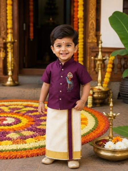 Dynamic Royal Purple Traditional Kerala Shirt Mundu Set for Boys with Peacock Embroidery 