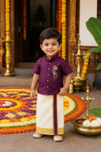 Dynamic Royal Purple Traditional Kerala Shirt Mundu Set for Boys with Peacock Embroidery Boys Wear