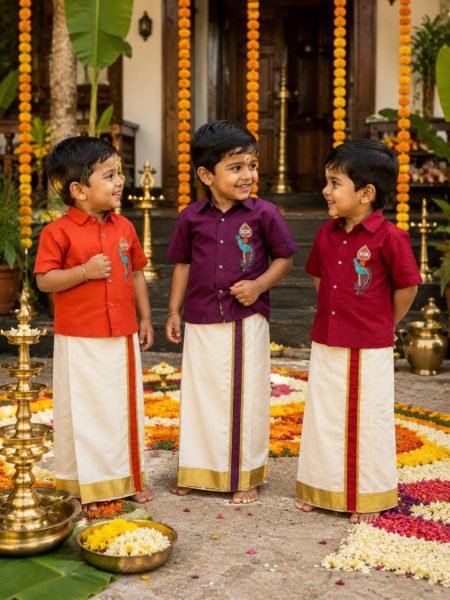 Dynamic Royal Purple Traditional Kerala Shirt Mundu Set for Boys with Peacock Embroidery Boys Wear