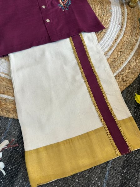Dynamic Royal Purple Traditional Kerala Shirt Mundu Set for Boys with Peacock Embroidery Boys Wear