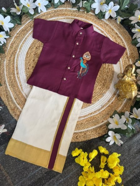 Dynamic Royal Purple Traditional Kerala Shirt Mundu Set for Boys with Peacock Embroidery Boys Wear