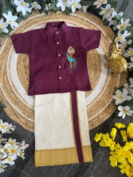 Dynamic Royal Purple Traditional Kerala Shirt Mundu Set for Boys with Peacock Embroidery Boys Wear