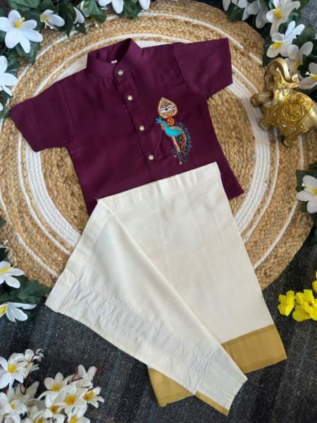 Dynamic Royal Purple Traditional Kerala Shirt Mundu Set for Boys with Peacock Embroidery Boys Wear