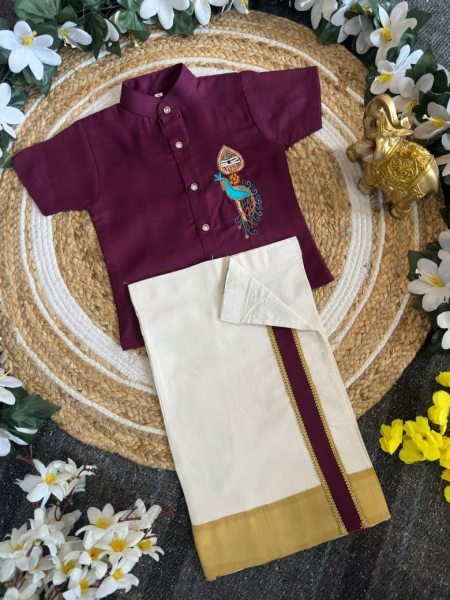 Dynamic Royal Purple Traditional Kerala Shirt Mundu Set for Boys with Peacock Embroidery Boys Wear