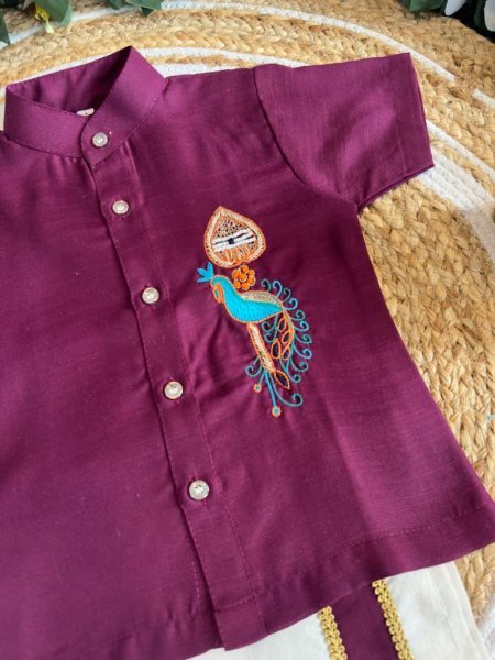 Dynamic Royal Purple Traditional Kerala Shirt Mundu Set for Boys with Peacock Embroidery Boys Wear
