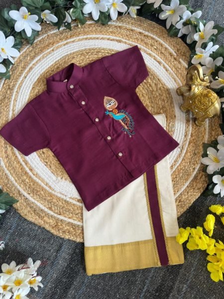 Dynamic Royal Purple Traditional Kerala Shirt Mundu Set for Boys with Peacock Embroidery Boys Wear