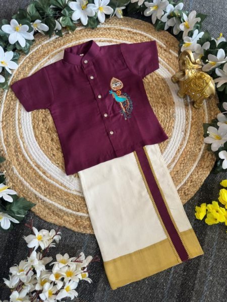 Dynamic Royal Purple Traditional Kerala Shirt Mundu Set for Boys with Peacock Embroidery Boys Wear