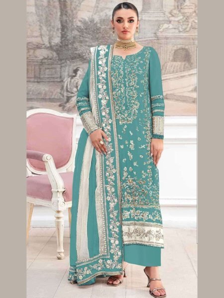 Dynamic Sky Blue Crunchy Silk Embroidered Suit Set with Fancy Lace Dupatta Salwar Kameez