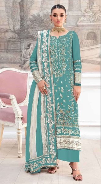 Dynamic Sky Blue Crunchy Silk Embroidered Suit Set with Fancy Lace Dupatta Pakistani Suits Wholesale