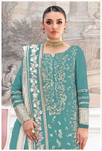 Dynamic Sky Blue Crunchy Silk Embroidered Suit Set with Fancy Lace Dupatta Pakistani Suits Wholesale