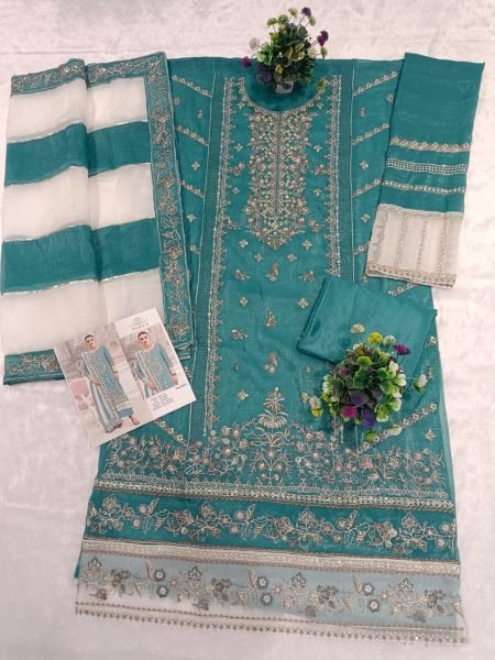 Dynamic Sky Blue Crunchy Silk Embroidered Suit Set with Fancy Lace Dupatta Pakistani Suits Wholesale