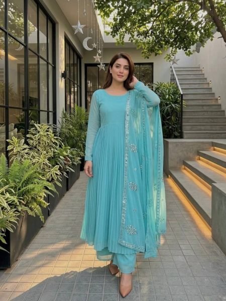 Dynamic Sky Blue Designer Faux Georgette Gown Pant Dupatta Set with Sequin Work Ready To Wear Suit