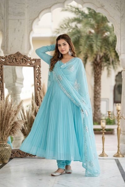 Dynamic Sky Blue Designer Faux Georgette Gown Pant Dupatta Set with Sequin Work Ready To Wear Collection