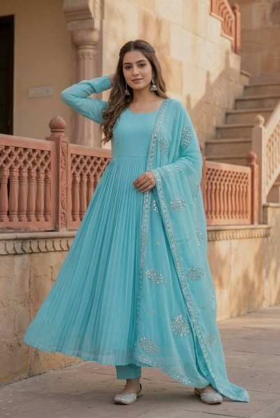 Dynamic Sky Blue Designer Faux Georgette Gown Pant Dupatta Set with Sequin Work Ready To Wear Collection