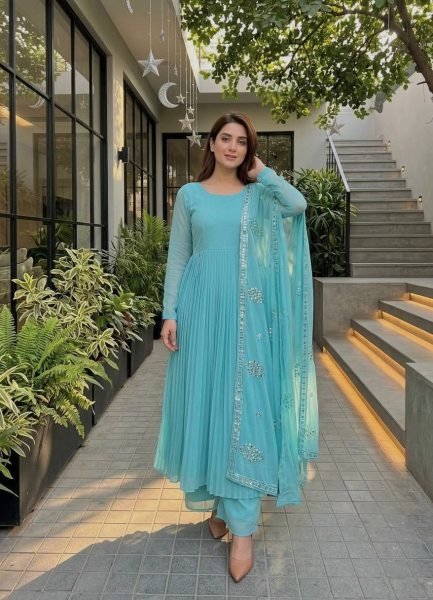 Dynamic Sky Blue Designer Faux Georgette Gown Pant Dupatta Set with Sequin Work Ready To Wear Collection