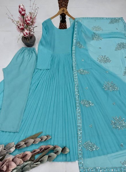 Dynamic Sky Blue Designer Faux Georgette Gown Pant Dupatta Set with Sequin Work Ready To Wear Collection