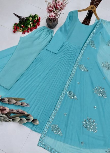 Dynamic Sky Blue Designer Faux Georgette Gown Pant Dupatta Set with Sequin Work Ready To Wear Collection