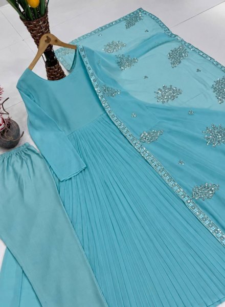 Dynamic Sky Blue Designer Faux Georgette Gown Pant Dupatta Set with Sequin Work Ready To Wear Collection