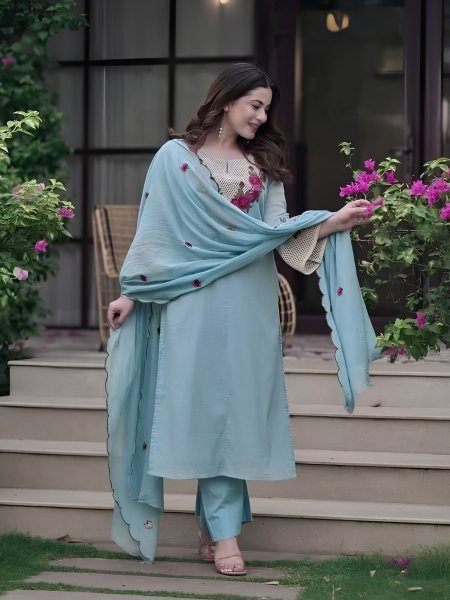 Dynamic Sky Blue Designer Koral Crush Silk Suit Set with Viscose Chanderi Dupatta 