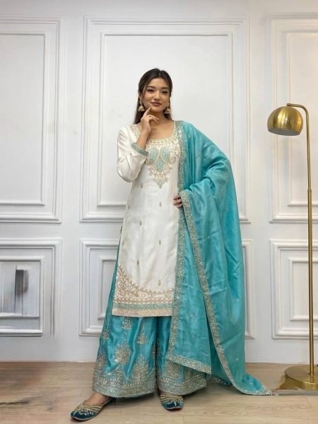 Dynamic Sky Blue Fully Stitched Chinon Silk Top Palazzo Set with Sequin Work  