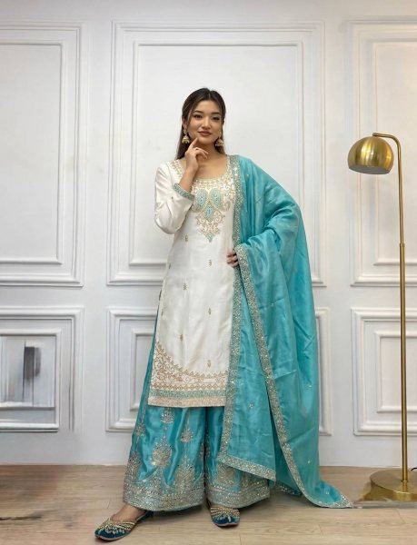 Dynamic Sky Blue Fully Stitched Chinon Silk Top Palazzo Set with Sequin Work  Ready To Wear Collection
