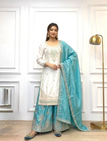 Dynamic Sky Blue Fully Stitched Chinon Silk Top Palazzo Set with Sequin Work  Ready To Wear Collection