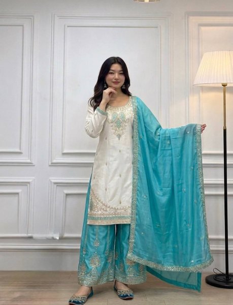 Dynamic Sky Blue Fully Stitched Chinon Silk Top Palazzo Set with Sequin Work  Ready To Wear Collection