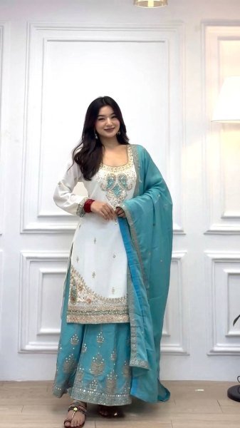 Dynamic Sky Blue Fully Stitched Chinon Silk Top Palazzo Set with Sequin Work  Ready To Wear Collection