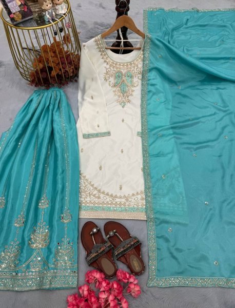 Dynamic Sky Blue Fully Stitched Chinon Silk Top Palazzo Set with Sequin Work  Ready To Wear Collection