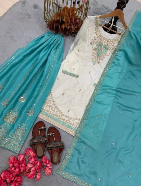Dynamic Sky Blue Fully Stitched Chinon Silk Top Palazzo Set with Sequin Work  Ready To Wear Collection