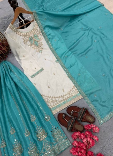 Dynamic Sky Blue Fully Stitched Chinon Silk Top Palazzo Set with Sequin Work  Ready To Wear Collection