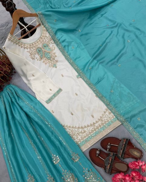Dynamic Sky Blue Fully Stitched Chinon Silk Top Palazzo Set with Sequin Work  Ready To Wear Collection