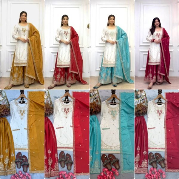 Dynamic Sky Blue Fully Stitched Chinon Silk Top Palazzo Set with Sequin Work  Ready To Wear Collection