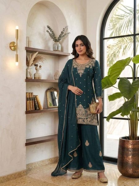 Dynamic Teal Blue Designer Embroidery Sequence Work Suit Set 