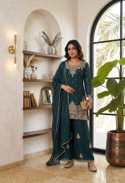 Dynamic Teal Blue Designer Embroidery Sequence Work Suit Set Ready To Wear Collection