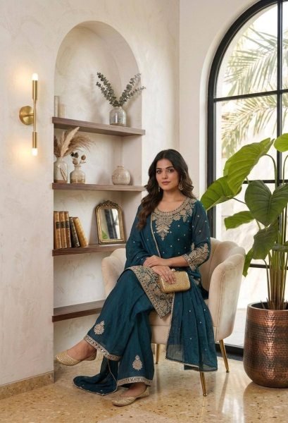 Dynamic Teal Blue Designer Embroidery Sequence Work Suit Set Ready To Wear Collection