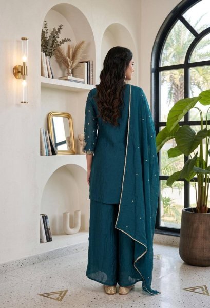 Dynamic Teal Blue Designer Embroidery Sequence Work Suit Set Ready To Wear Collection