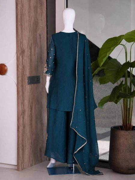 Dynamic Teal Blue Designer Embroidery Sequence Work Suit Set Ready To Wear Collection