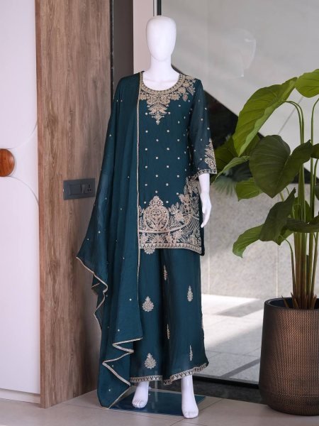 Dynamic Teal Blue Designer Embroidery Sequence Work Suit Set Ready To Wear Collection