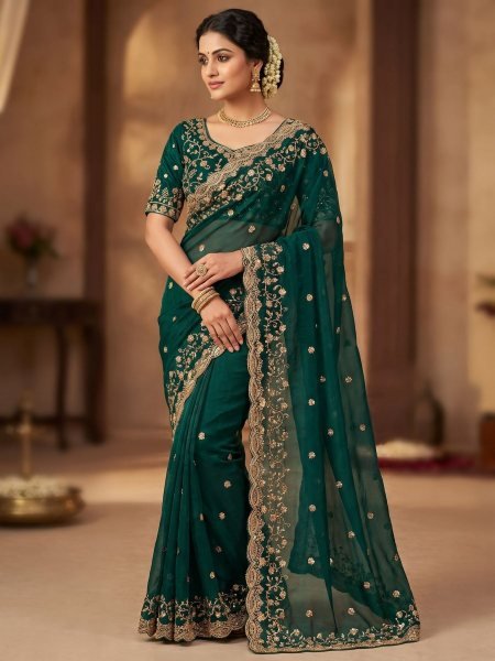 Dynamic Teal Green Boutique Style Fandy Satin Silk Saree with Real Cut Dana For Party Wear Sarees 