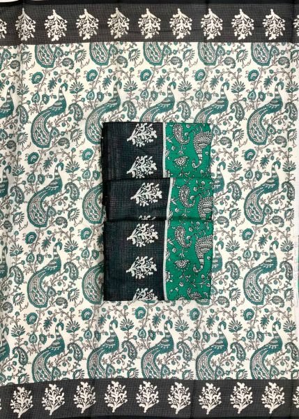 Dynamic Teal Green Cotton Kota Check Digital Printed Saree with Unstitched Blouse Printed Cotton Sarees Wholesale