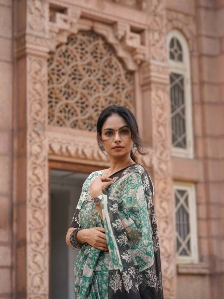 Dynamic Teal Green Cotton Kota Check Digital Printed Saree with Unstitched Blouse Printed Cotton Sarees Wholesale